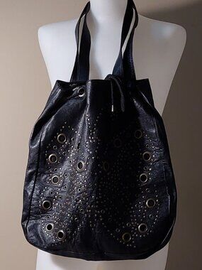 Jigsaw Black Leather Drawstring Shoulder Bag w/Brass Studs&Grommets Butterfly